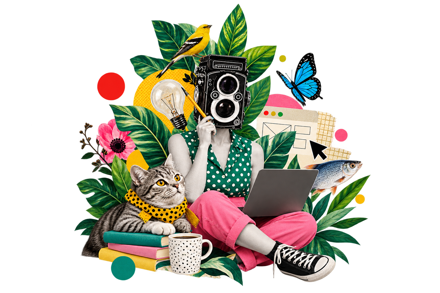 Composizione creativa che rappresenta il lavoro e gli interessi di Francesca