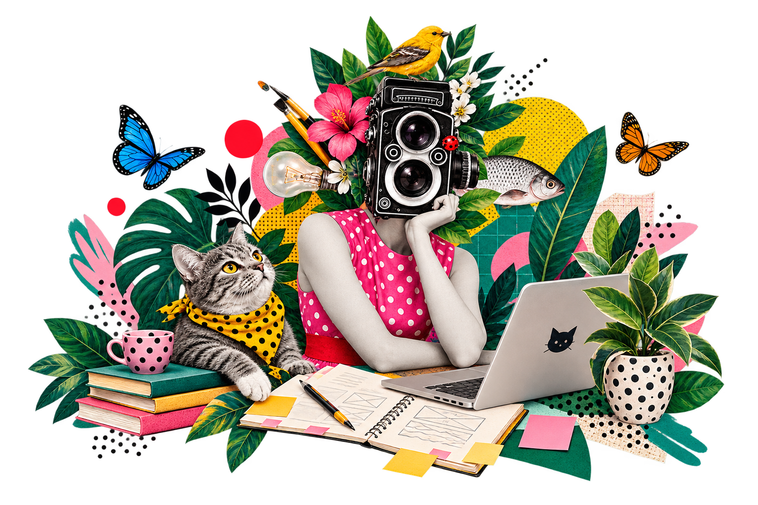 Web designer al lavoro con laptop, strumenti creativi e piante
